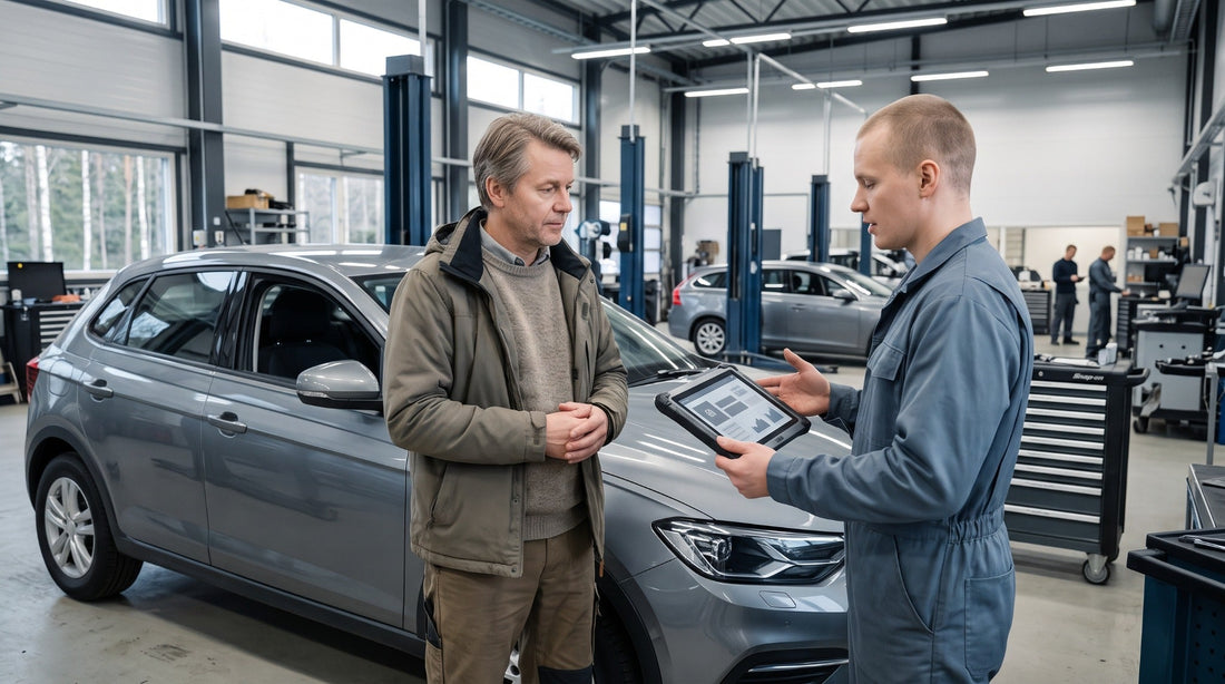 Auton omistaja keskustelee korjaamon ammattilaisen kanssa auton viasta ja korjausprosessista