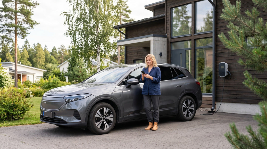 Auton omistaja tarkistaa tietoja sähköautonsa vieressä ennen tehdastakuun päättymistä